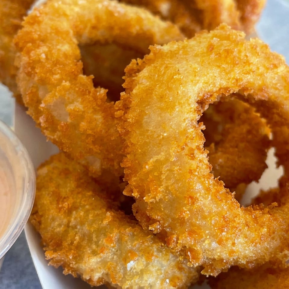 Golden-breaded onion rings piled on a plate beside a cup of creamy dipping sauce.