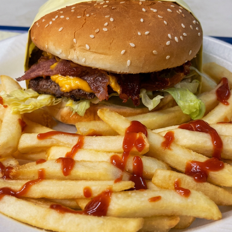 Bacon cheeseburger with lettuce on a sesame bun served alongside ketchup-drizzled French fries on a white plate.