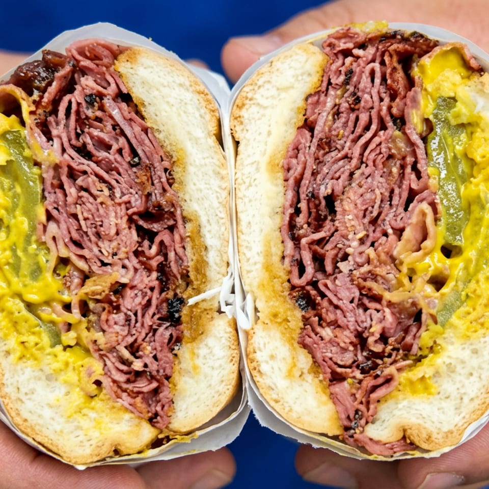Two meat-filled sandwiches with melted cheese and pickles held in hands against a blue background.