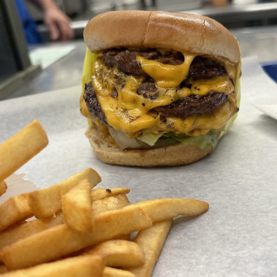 Double cheeseburger with melted cheddar, lettuce, and sauce served with golden fries on a paper-lined counter.