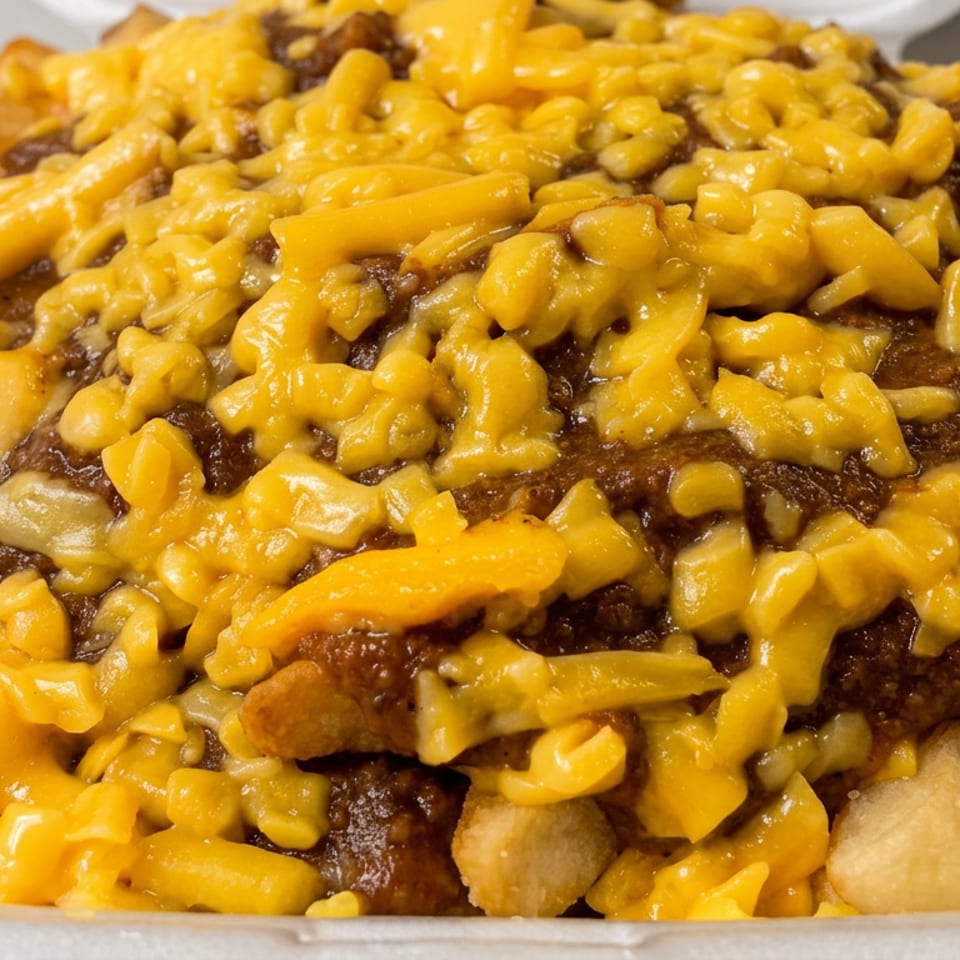 Loaded fries topped with chili, melted cheddar cheese, and scattered macaroni served in a disposable tray.