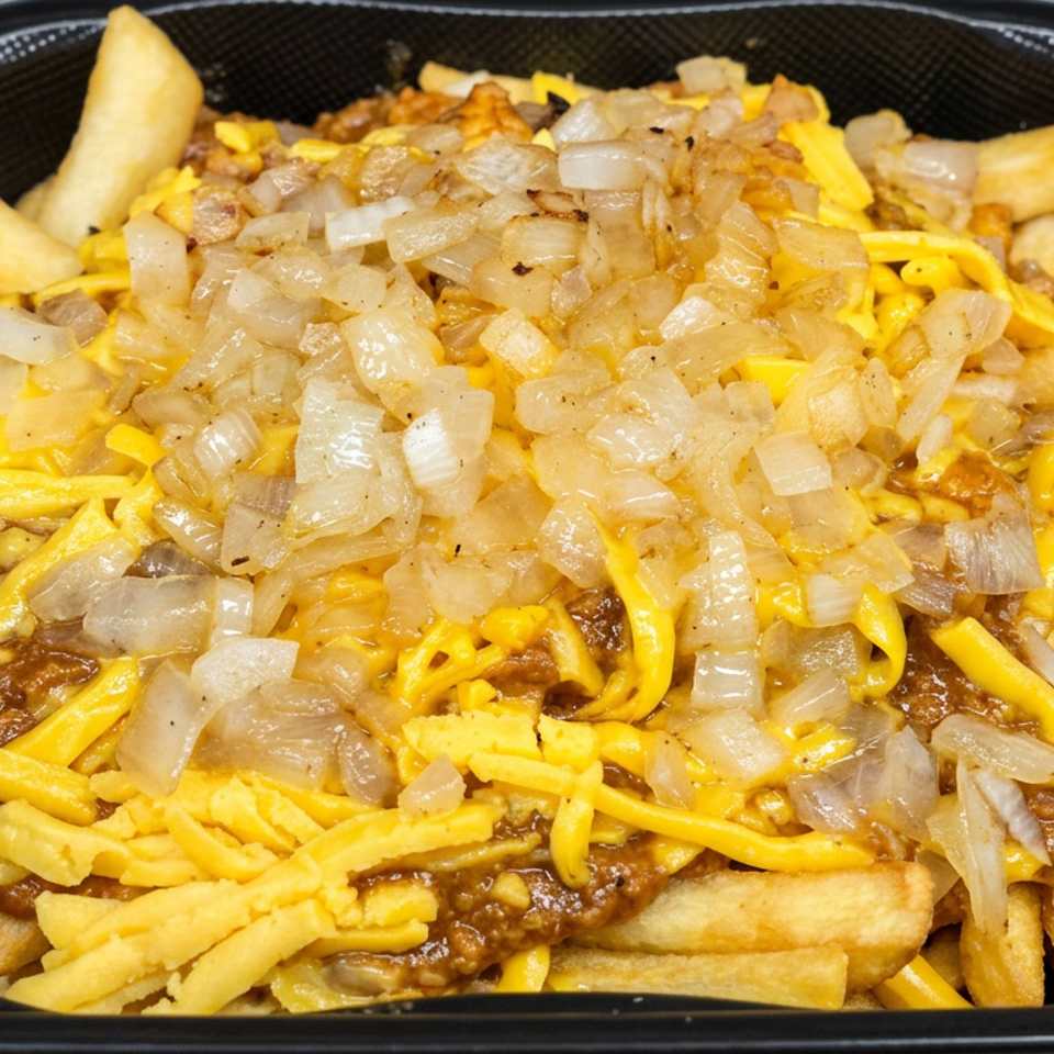 Loaded fries topped with chili, melted cheddar cheese, and sautéed onions in a black takeaway container.