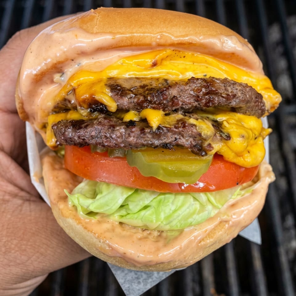 Double cheeseburger with grilled beef patties, melted cheese, tomato, pickles, lettuce, and creamy sauce held over a grill.