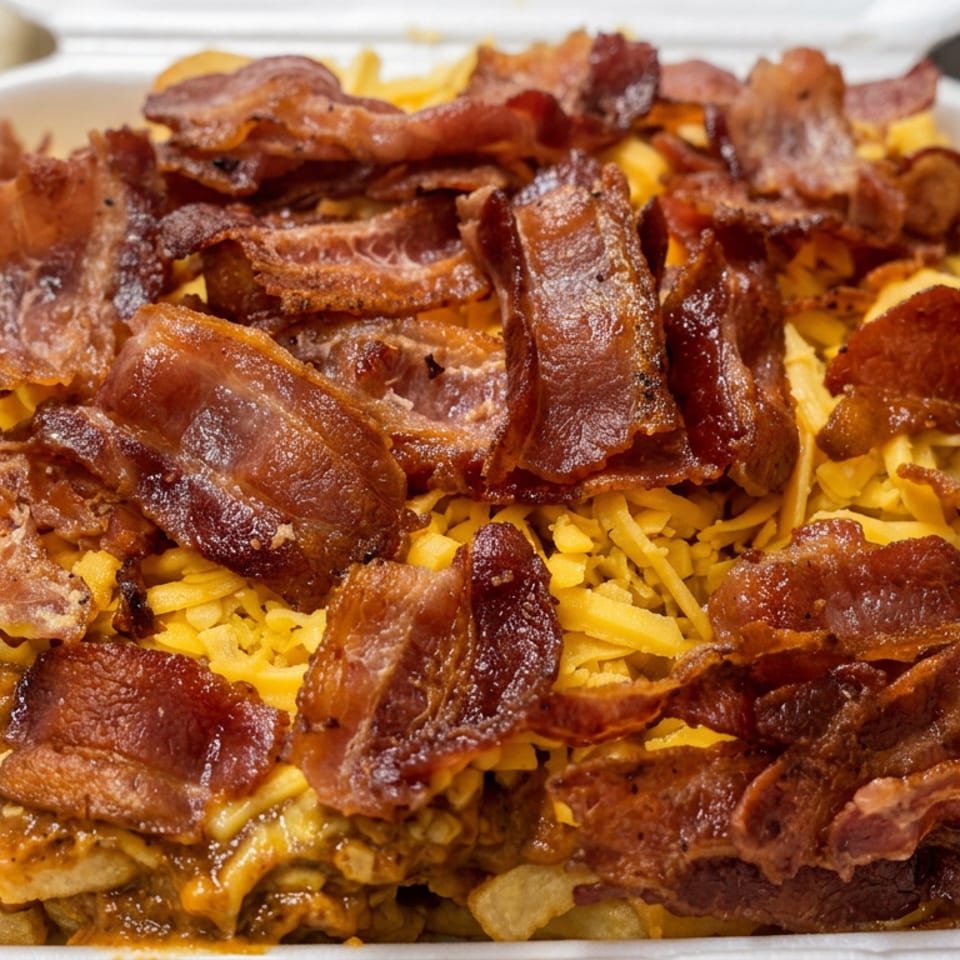 Loaded fries topped with melted cheese, savory sauce, and abundant crispy bacon in a white takeout container.