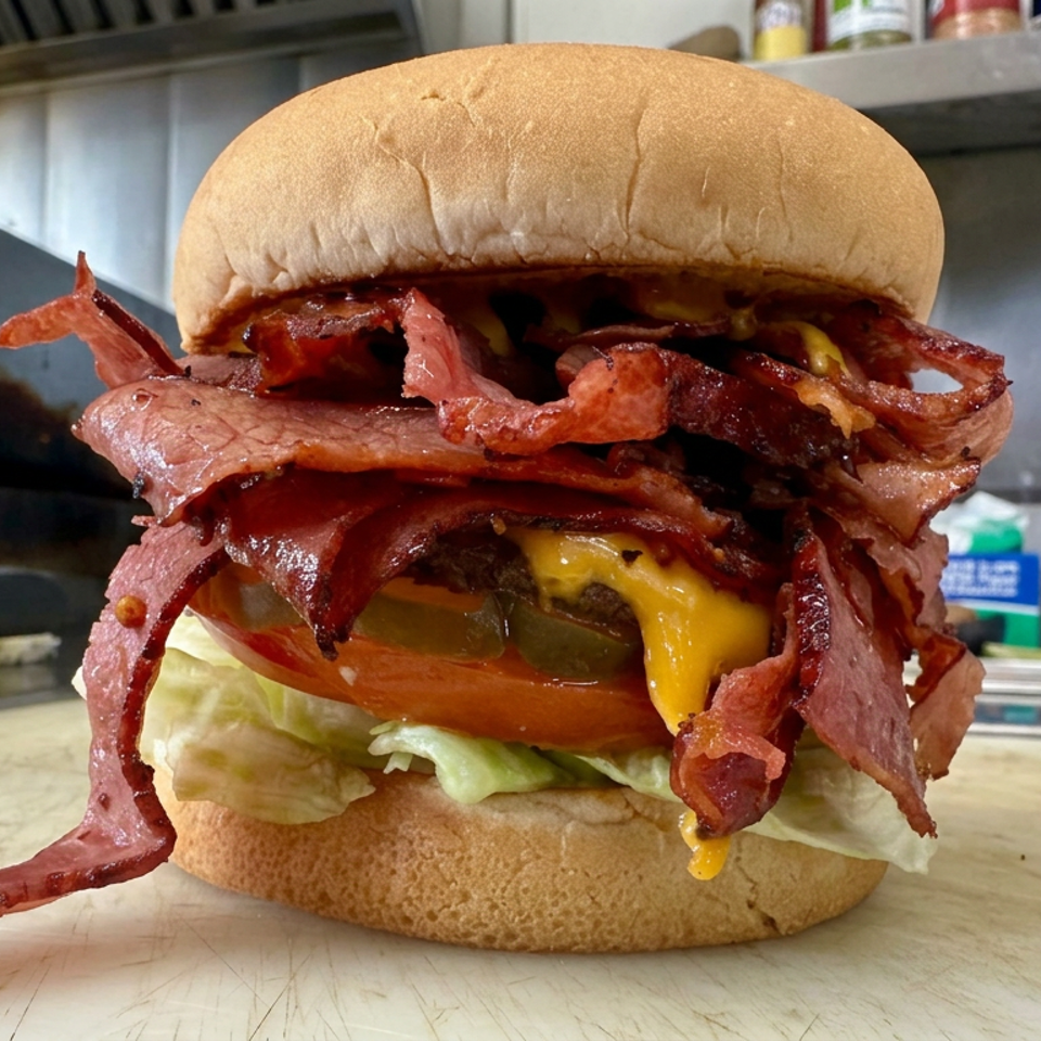 Loaded bacon cheeseburger with lettuce, tomato, pickles, and melted cheese on a kitchen counter.
