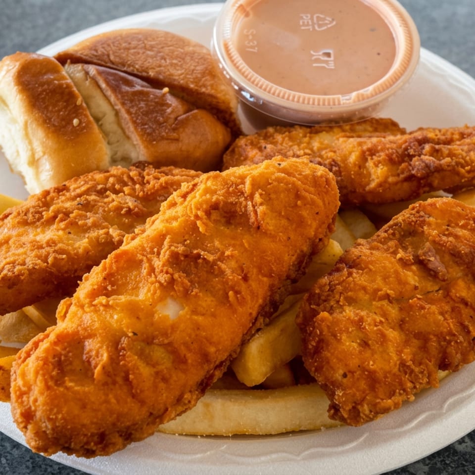 Plate of crispy fried chicken tenders and fries with a toasted bun and dipping sauce.