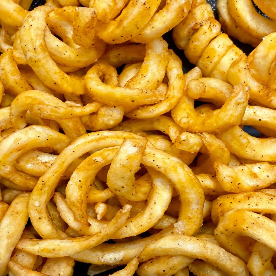 Golden, pepper-seasoned curly fries piled on a dark blue plate.
