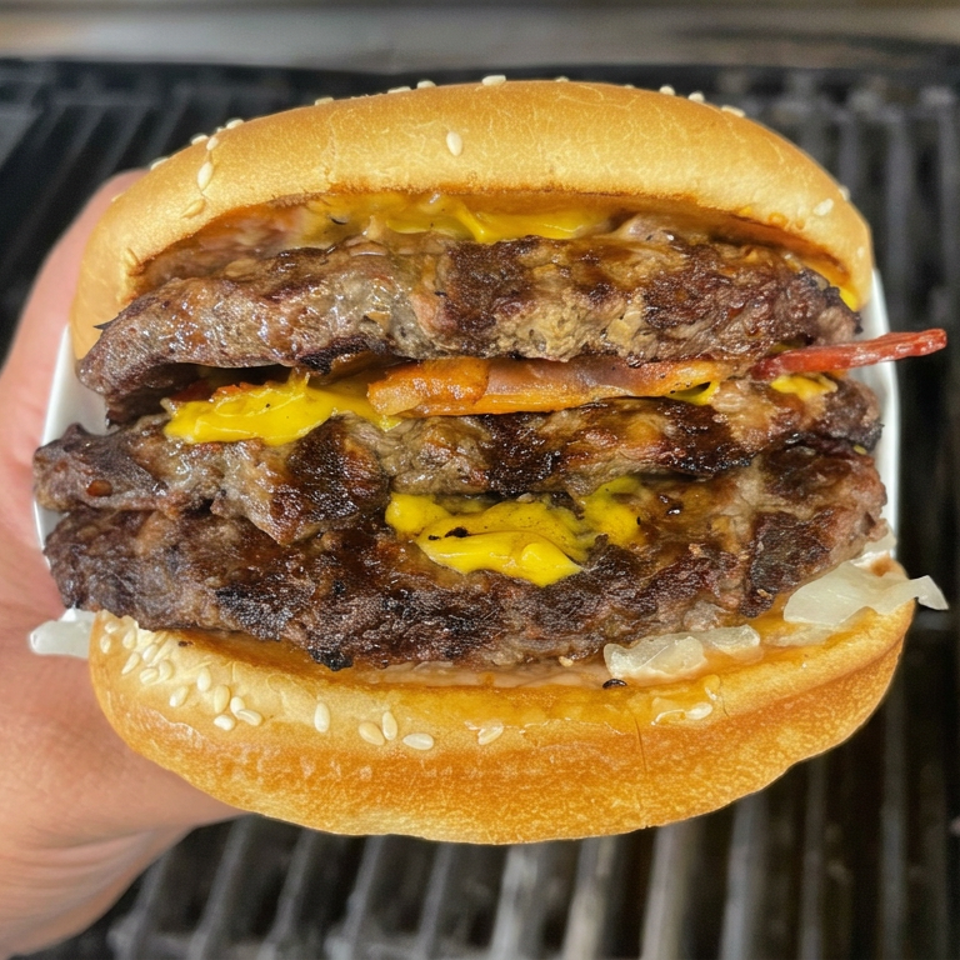 Double cheeseburger with grilled beef patties, melted cheese, onions, and sauce held over a barbecue grill.