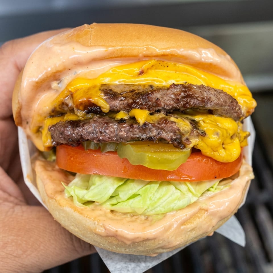 Hand-held double cheeseburger with sauce, lettuce, tomato, pickles, and onions on a soft bun.