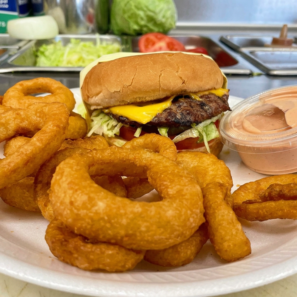 Cheeseburger with lettuce and tomato, surrounded by golden onion rings and served with dipping sauce on a plate.