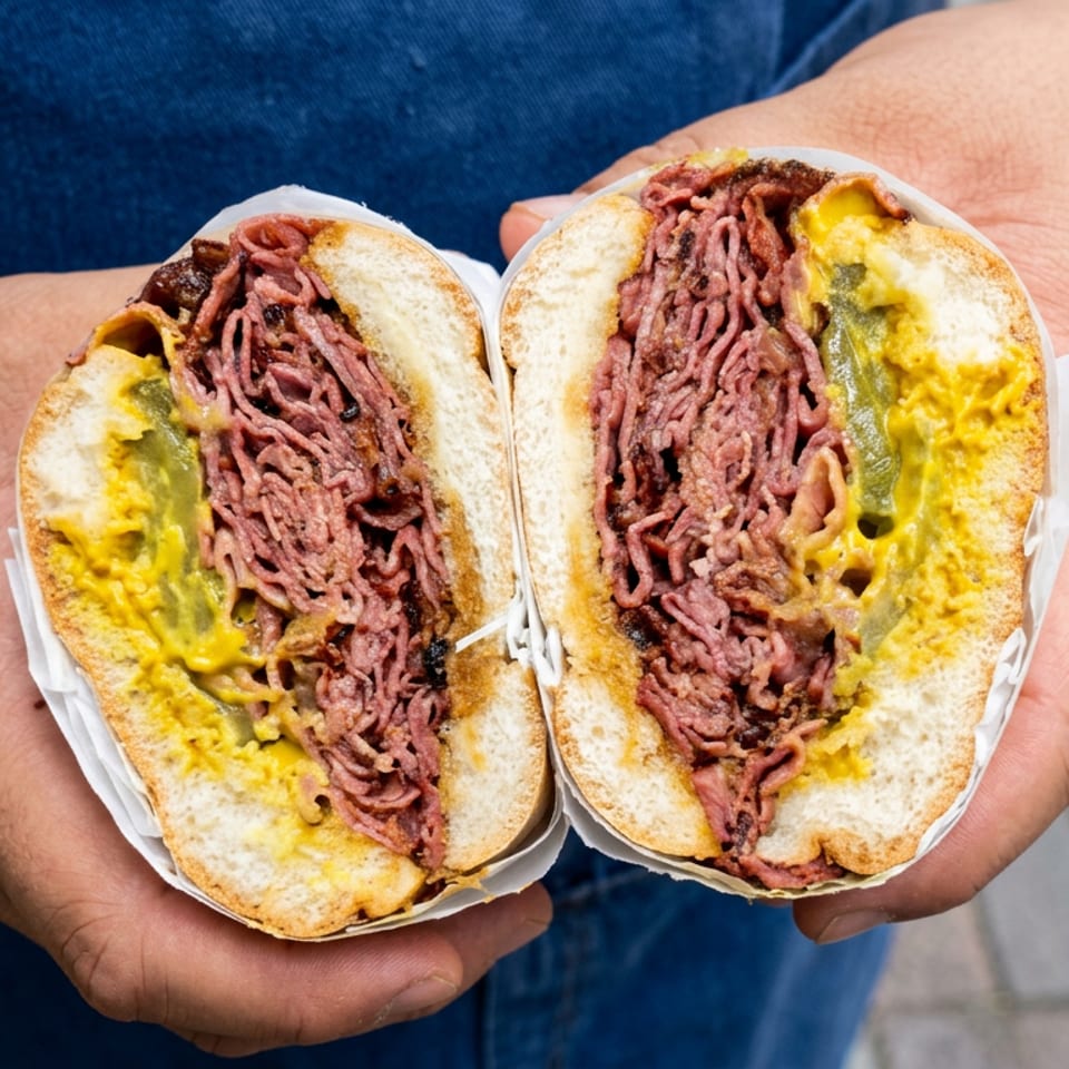 Hands holding two pita sandwiches filled with minced meat, melted cheese, and green peppers outdoors.