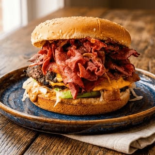 Junior Pastrami Cheeseburger Combo — 1 junior patty, 4 oz pastrami; 1 cheese slice; 1 chosen side; 1 chosen drink
