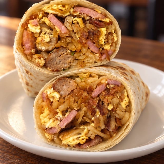Three-Meat Breakfast Burrito.