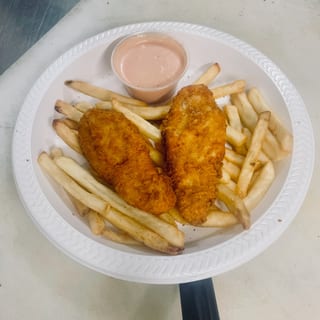 2pc Chicken Strips Combo — 2 strips; 1 sauce selections; 1 chosen side; 1 chosen drink