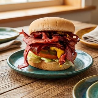 Junior Pastrami Cheeseburger — 1 junior patty, 4 oz pastrami; 1 cheese slice